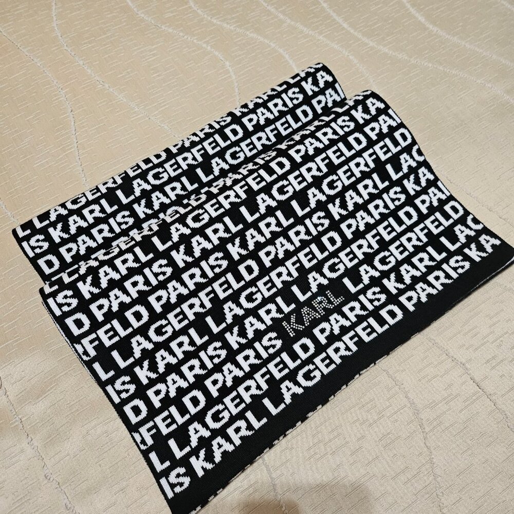 KARL LAGERFELD CHIC ICONIC MONOCHROME BLACK & WHITE  LOGO SCARF - Picture 13 of 15